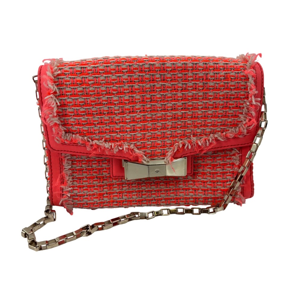 Kate‎ Spade Neon Coral Tweed Frayed Chain Crossbody Bag Bow Turnlock
